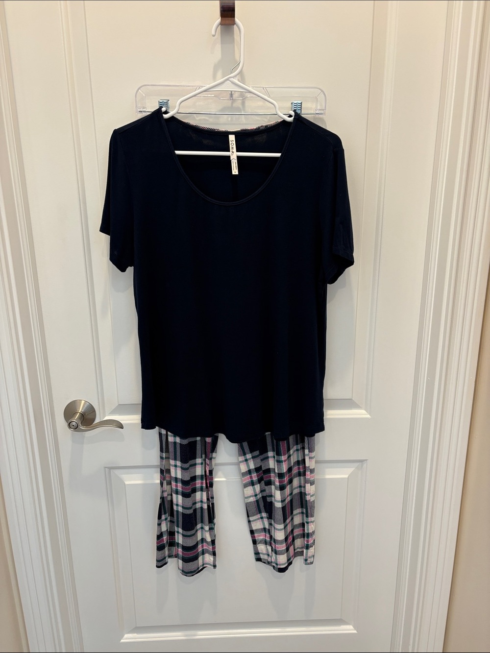 Soma COOL NIGHTS Short Sleeve + Pant Pajama Set (Navy + Pink Plaid)